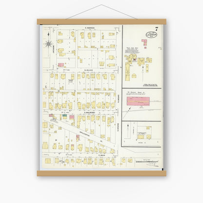 Old map wall art mockup — magnetic wood frame on white wall — Sanborn Fire Insurance Map from Lebanon, Warren County, Ohio (1907), Sheet #0007