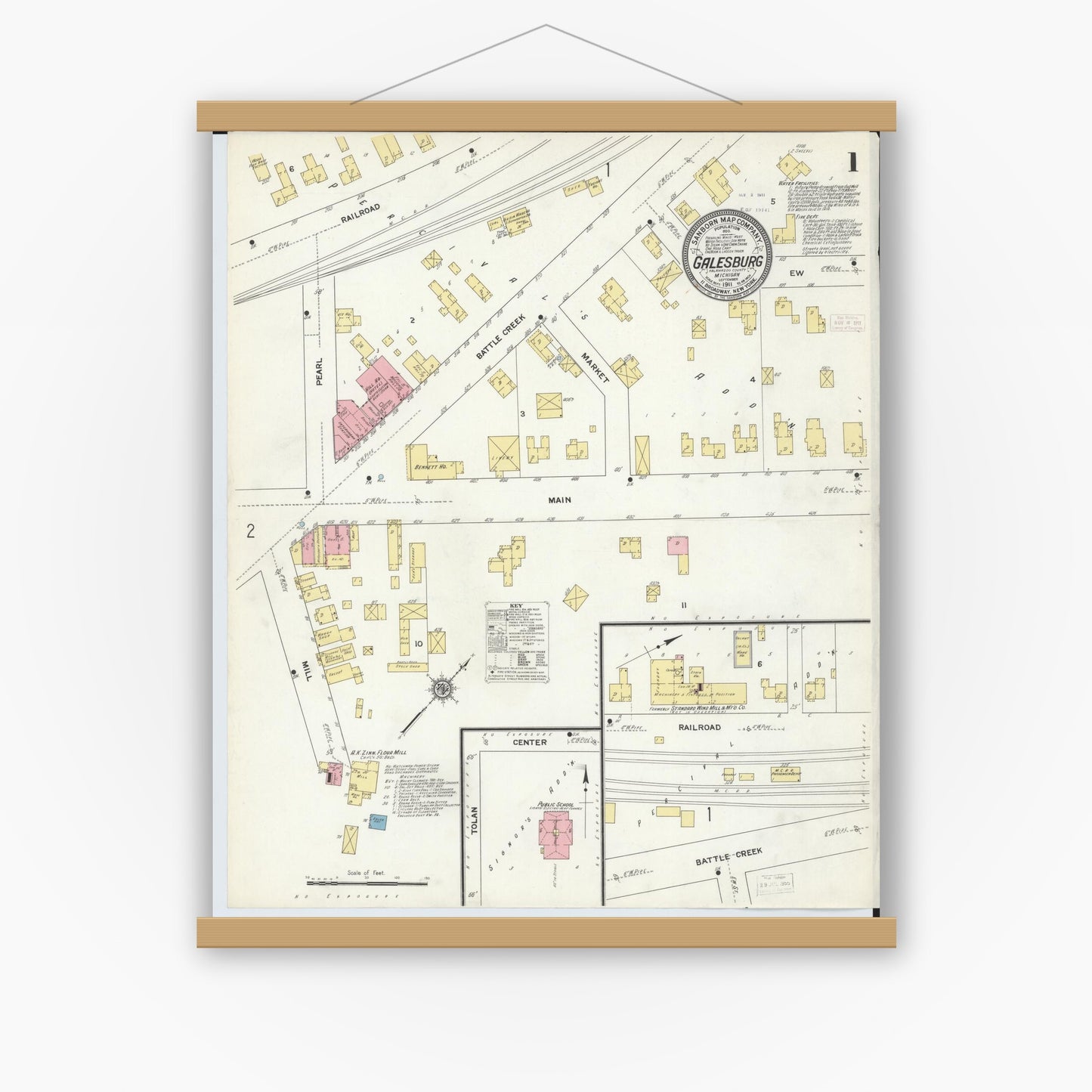 Old map wall art mockup — magnetic wood frame on white wall — Sanborn Fire Insurance Map from Galesburg, Kalamazoo County, Michigan (1911) - Complete Map Set