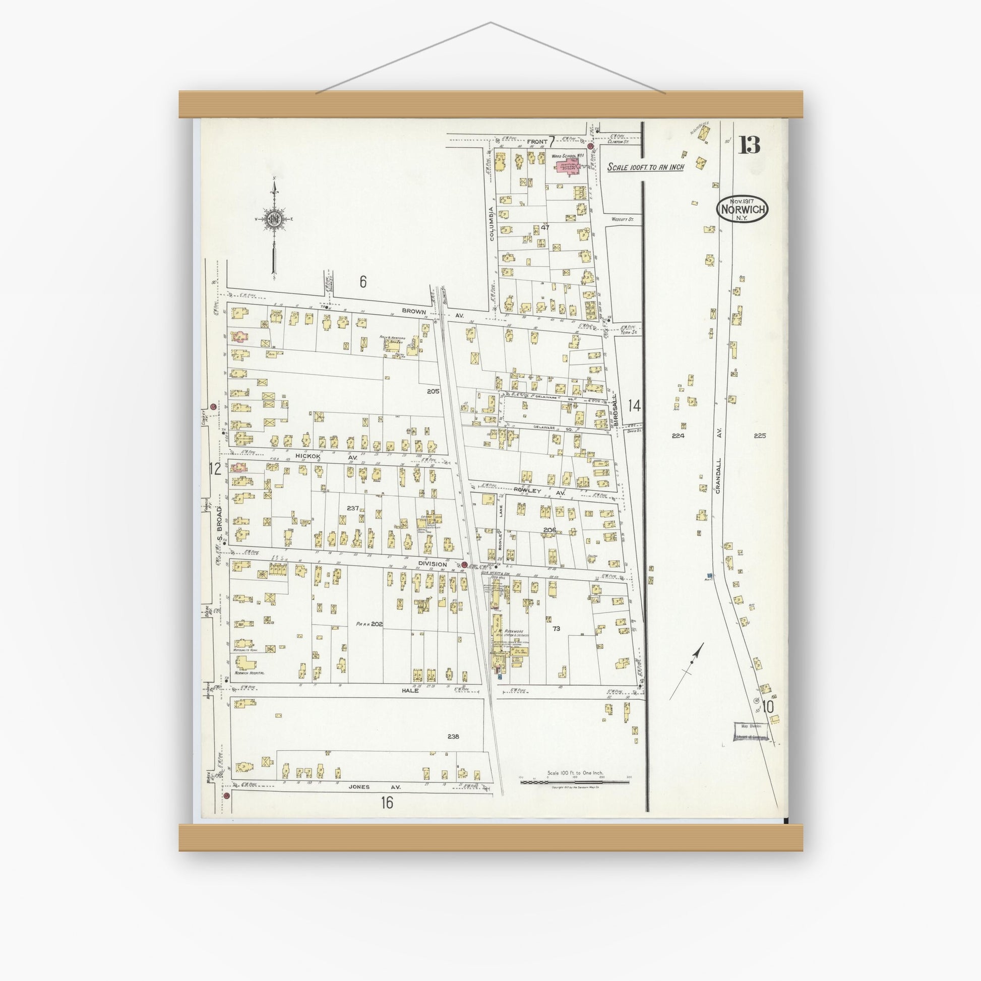 Old map wall art mockup — magnetic wood frame on white wall — Sanborn Fire Insurance Map from Norwich, Chenango County, New York (1917), Sheet #0013