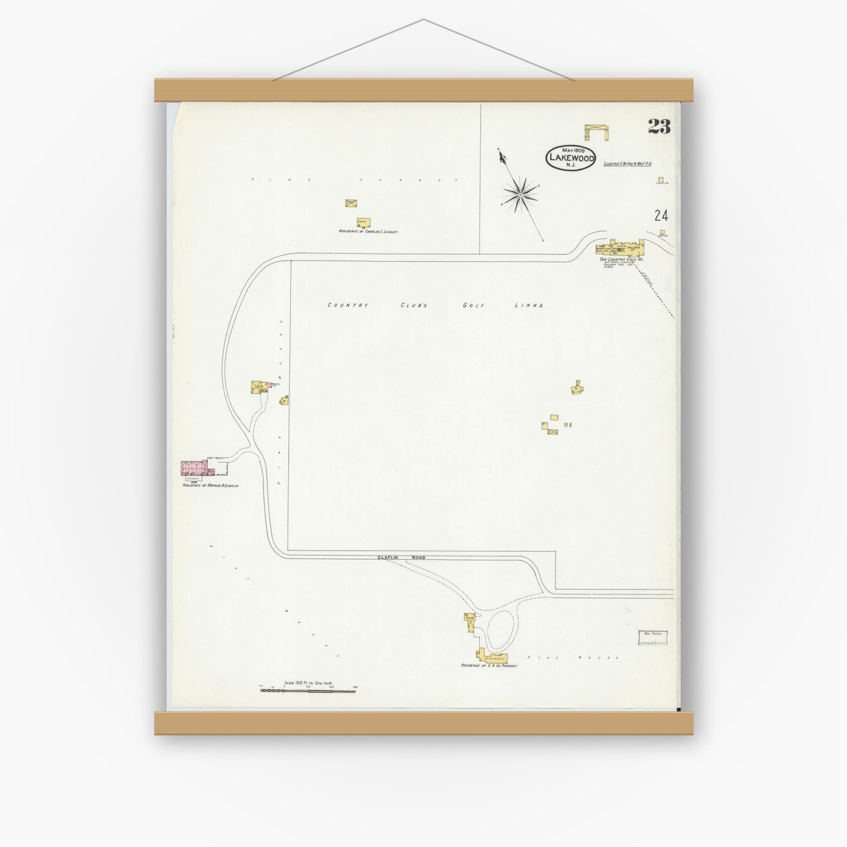 Old map wall art mockup — magnetic wood frame on white wall — Sanborn Fire Insurance Map from Lakewood, Ocean County, New Jersey (1909), Sheet #0023