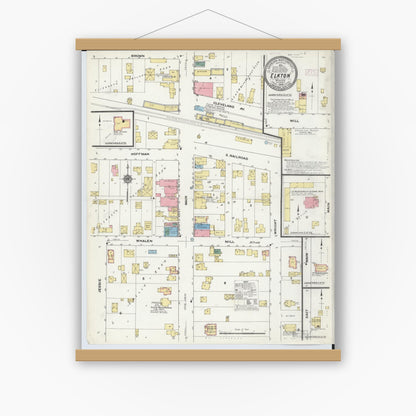 Old map wall art mockup — magnetic wood frame on white wall — Sanborn Fire Insurance Map from Elkton, Huron County, Michigan (1909), Sheet #0001