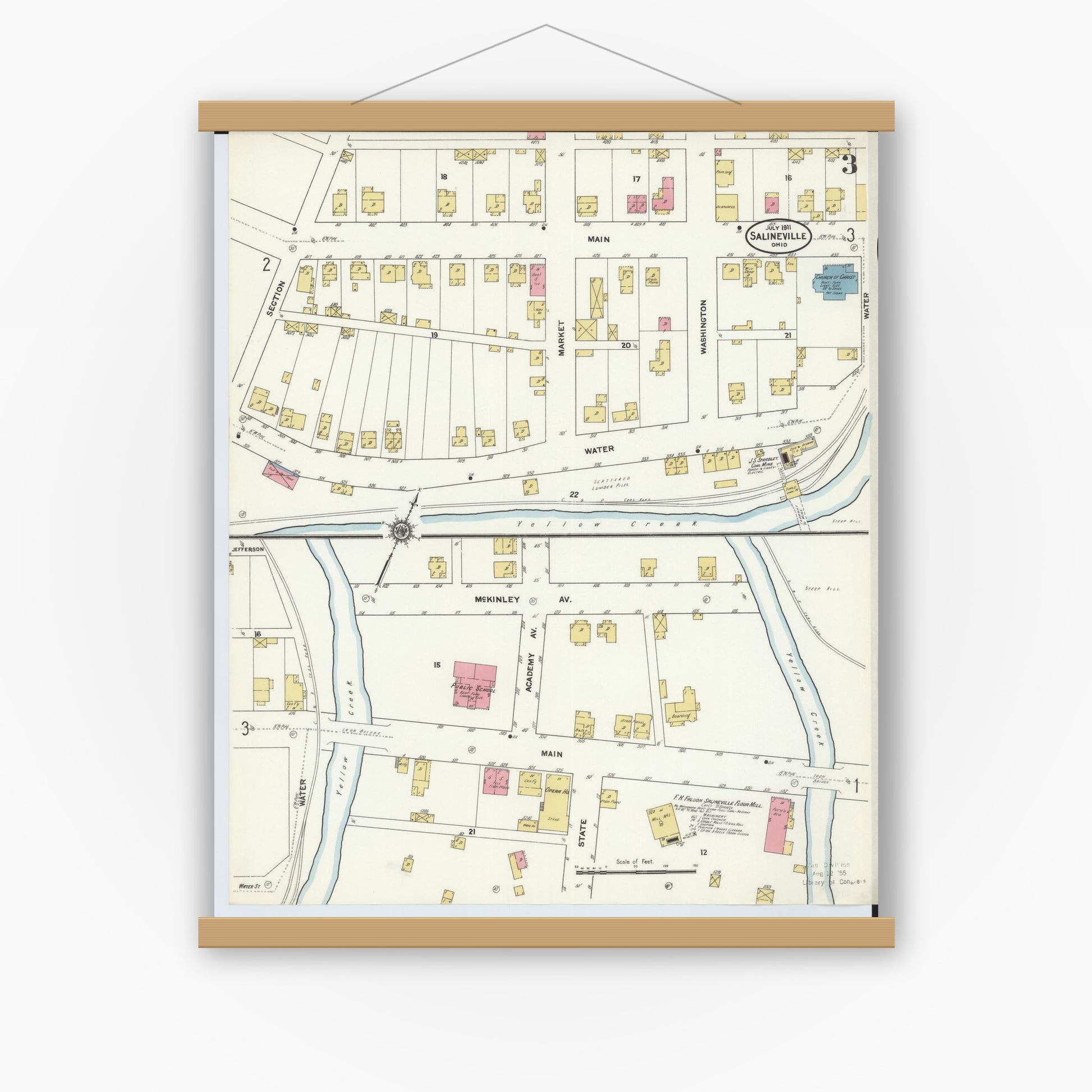 Old map wall art mockup — magnetic wood frame on white wall — Sanborn Fire Insurance Map from Salineville, Columbiana County, Ohio (1911), Sheet #0003