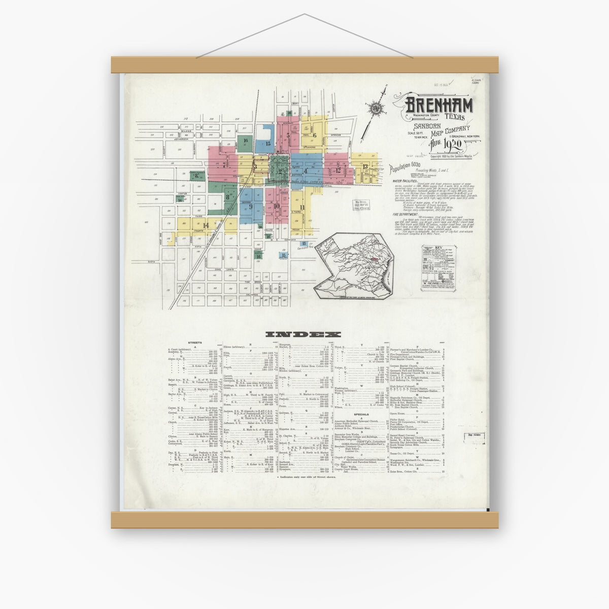 Old map wall art mockup — magnetic wood frame on white wall — Sanborn Fire Insurance Map from Brenham, Washington County, Texas (1920) - Complete Map Set