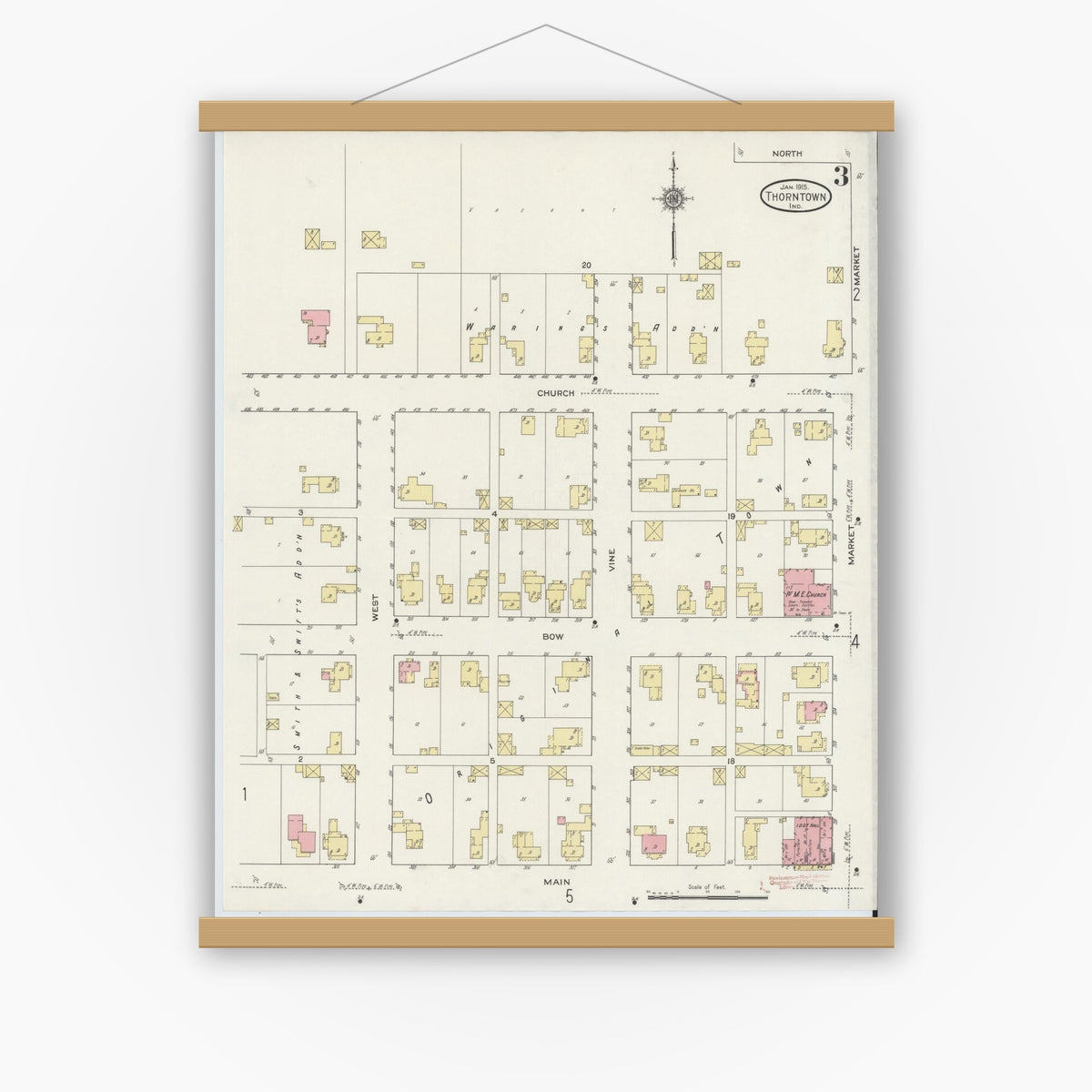 Old map wall art mockup — magnetic wood frame on white wall — Sanborn Fire Insurance Map from Thorntown, Boone County, Indiana (1915), Sheet #0003