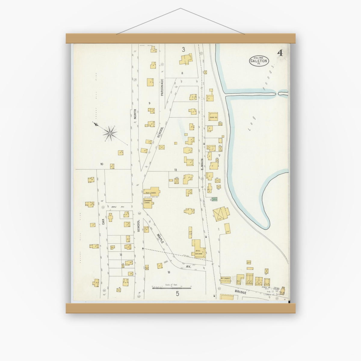 Old map wall art mockup — magnetic wood frame on white wall — Sanborn Fire Insurance Map from Galeton, Potter County, Pennsylvania (1900), Sheet #0004
