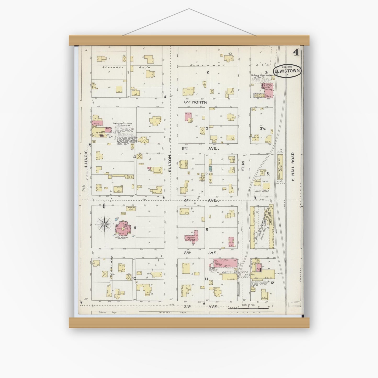 Old map wall art mockup — magnetic wood frame on white wall — Sanborn Fire Insurance Map from Lewistown, Fulton County, Illinois (1893), Sheet #0004