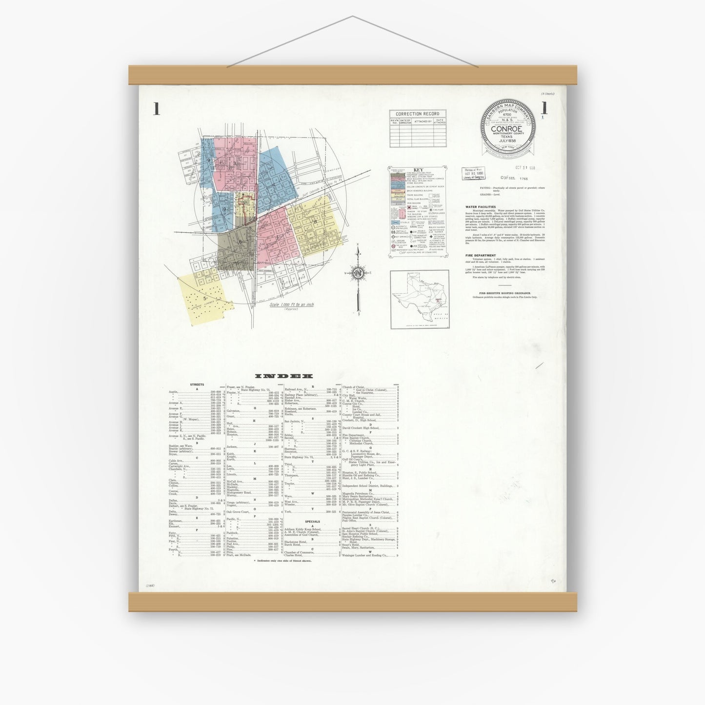 Old map wall art mockup — magnetic wood frame on white wall — Sanborn Fire Insurance Map from Conroe, Montgomery County, Texas (1938) - Complete Map Set