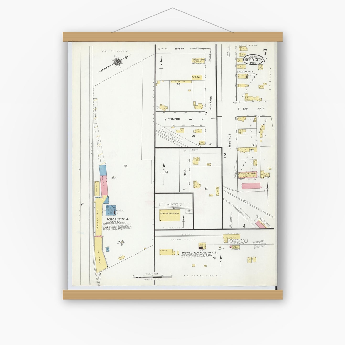 Old map wall art mockup — magnetic wood frame on white wall — Sanborn Fire Insurance Map from Reed City, Osceola County, Michigan (1917), Sheet #0007