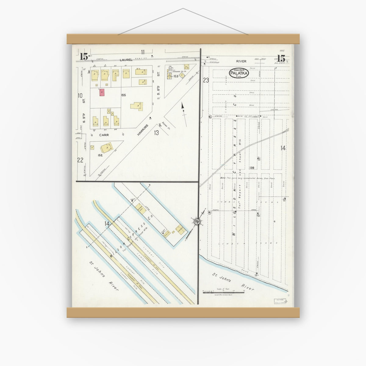 Old map wall art mockup — magnetic wood frame on white wall — Sanborn Fire Insurance Map from Palatka, Putnam County, Florida (1924), Sheet #0015