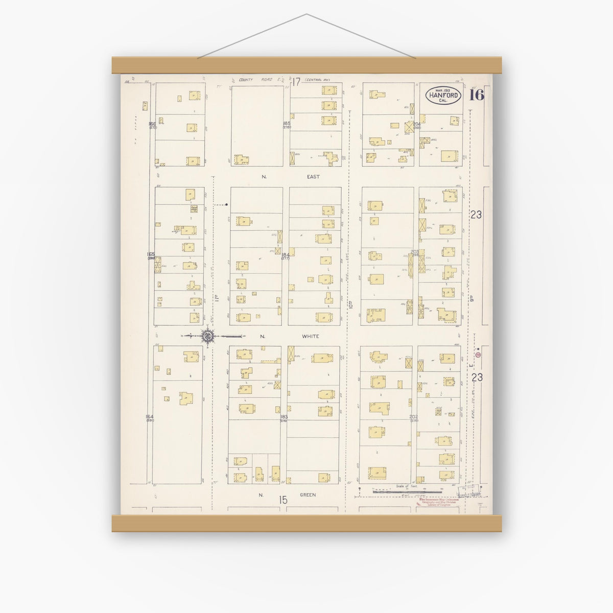 Old map wall art mockup — magnetic wood frame on white wall — Sanborn Fire Insurance Map from Hanford, Kings County, California (1913), Sheet #0016