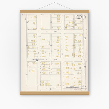Old map wall art mockup — magnetic wood frame on white wall — Sanborn Fire Insurance Map from Hanford, Kings County, California (1913), Sheet #0016