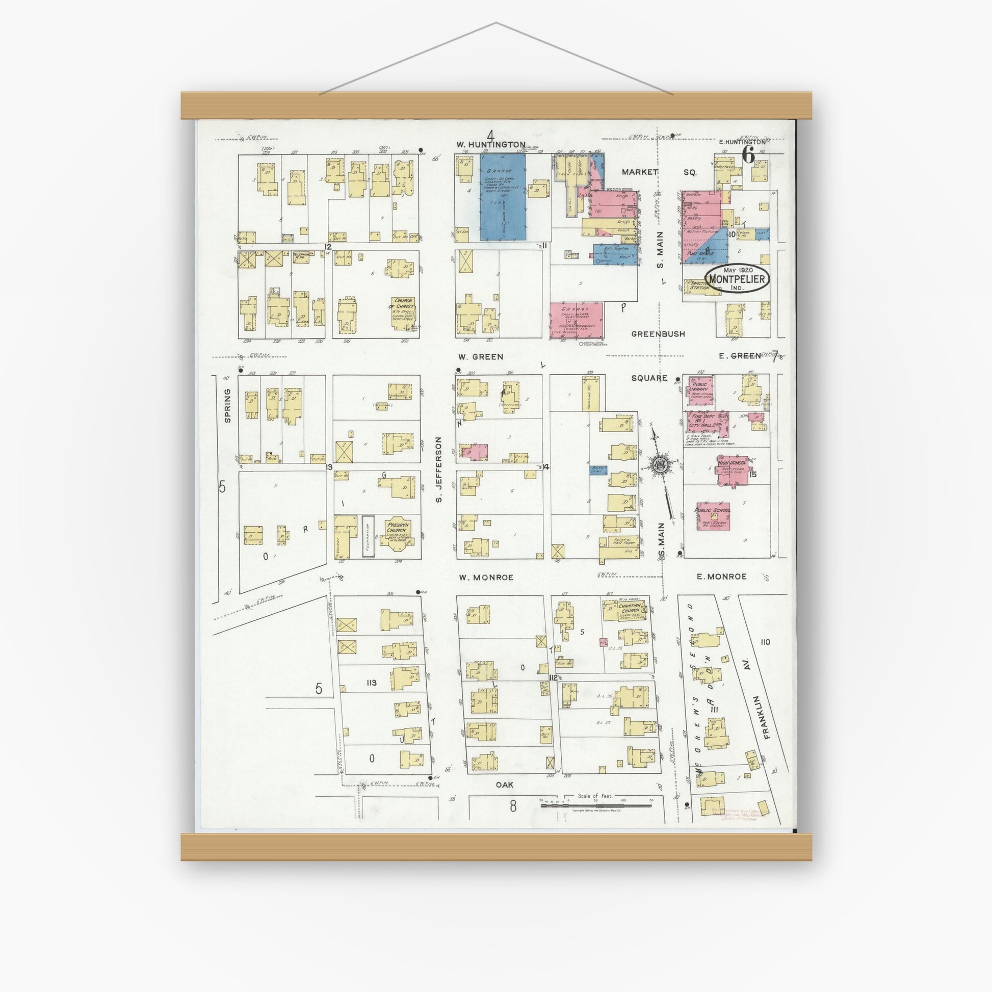 Old map wall art mockup — magnetic wood frame on white wall — Sanborn Fire Insurance Map from Montpelier, Blackford County, Indiana (1920), Sheet #0006