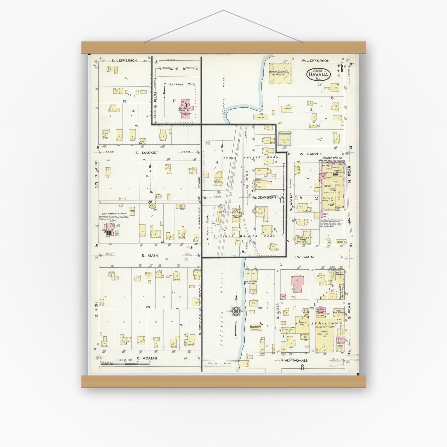Old map wall art mockup — magnetic wood frame on white wall — Sanborn Fire Insurance Map from Havana, Mason County, Illinois (1914), Sheet #0003