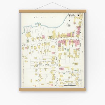 Old map wall art mockup — magnetic wood frame on white wall — Sanborn Fire Insurance Map from Keyport, Monmouth County, New Jersey (1908), Sheet #0002