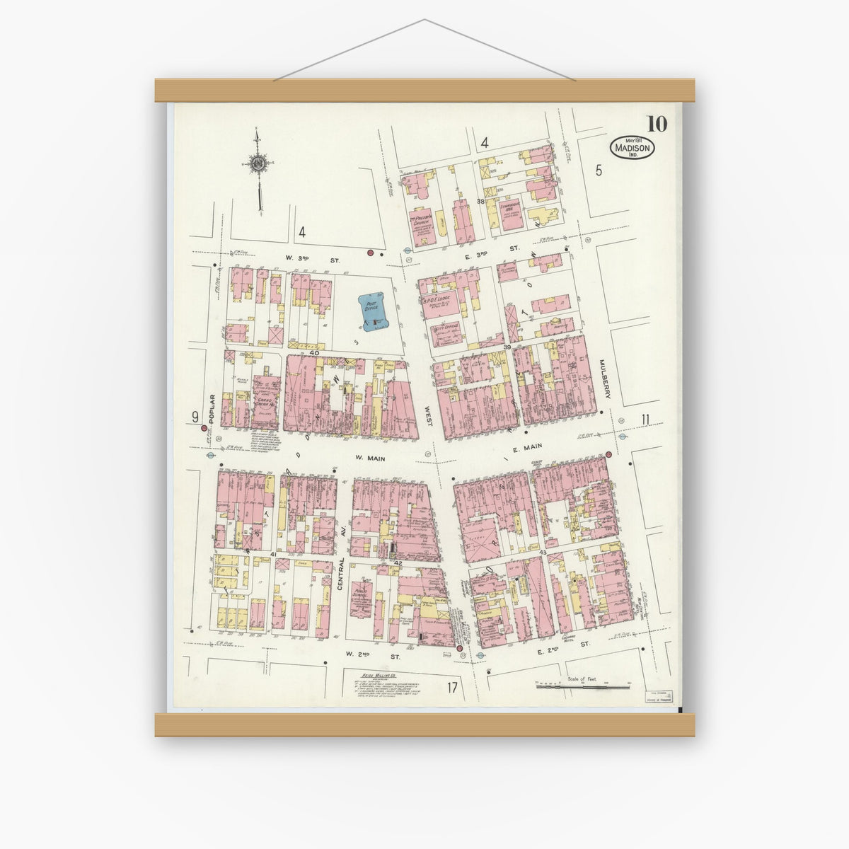 Old map wall art mockup — magnetic wood frame on white wall — Sanborn Fire Insurance Map from Madison, Jefferson County, Indiana (1911), Sheet #0010