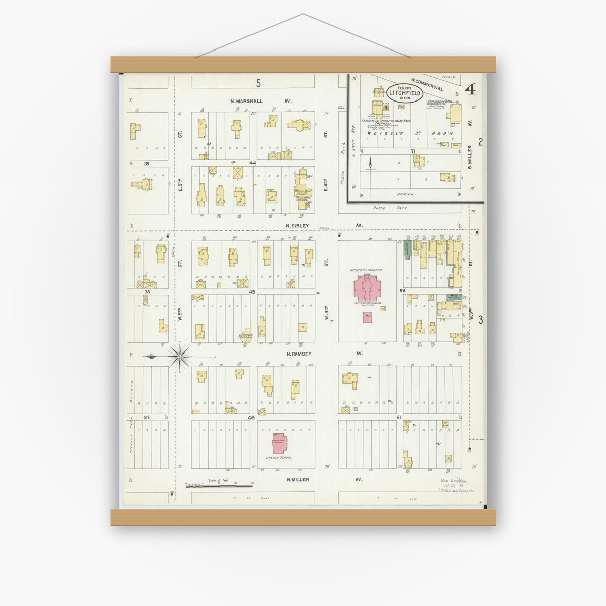 Old map wall art mockup — magnetic wood frame on white wall — Sanborn Fire Insurance Map from Litchfield, Meeker County, Minnesota (1903), Sheet #0004