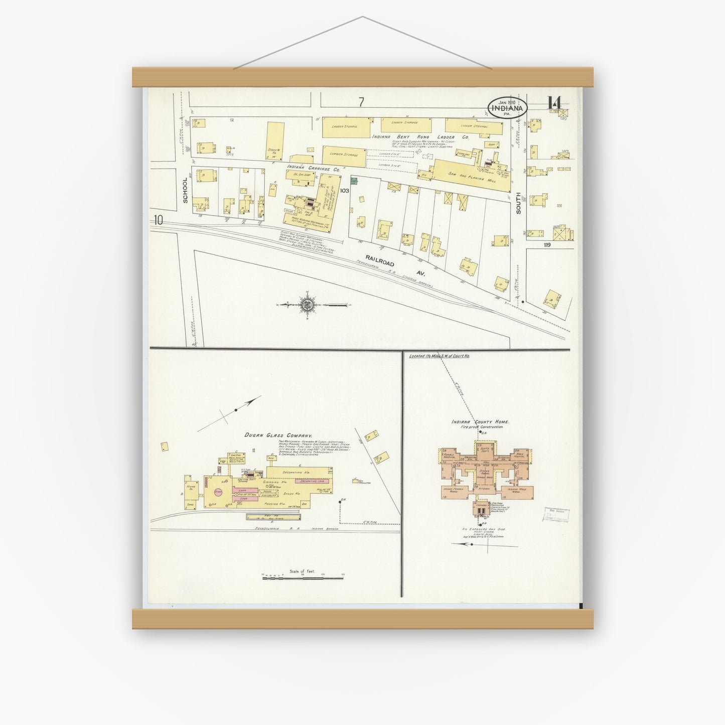 Old map wall art mockup — magnetic wood frame on white wall — Sanborn Fire Insurance Map from Indiana, Indiana County, Pennsylvania (1910), Sheet #0014