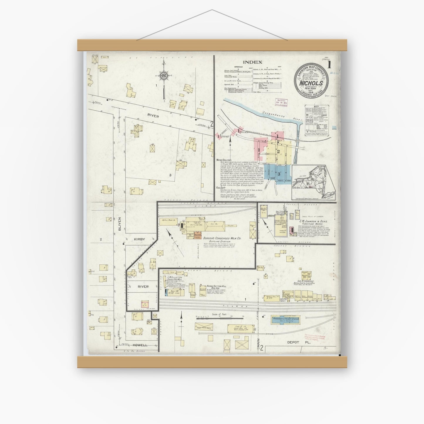 Old map wall art mockup — magnetic wood frame on white wall — Sanborn Fire Insurance Map from Nichols, Tioga County, New York (1914), Sheet #0001