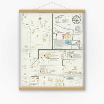 Old map wall art mockup — magnetic wood frame on white wall — Sanborn Fire Insurance Map from Nichols, Tioga County, New York (1914), Sheet #0001