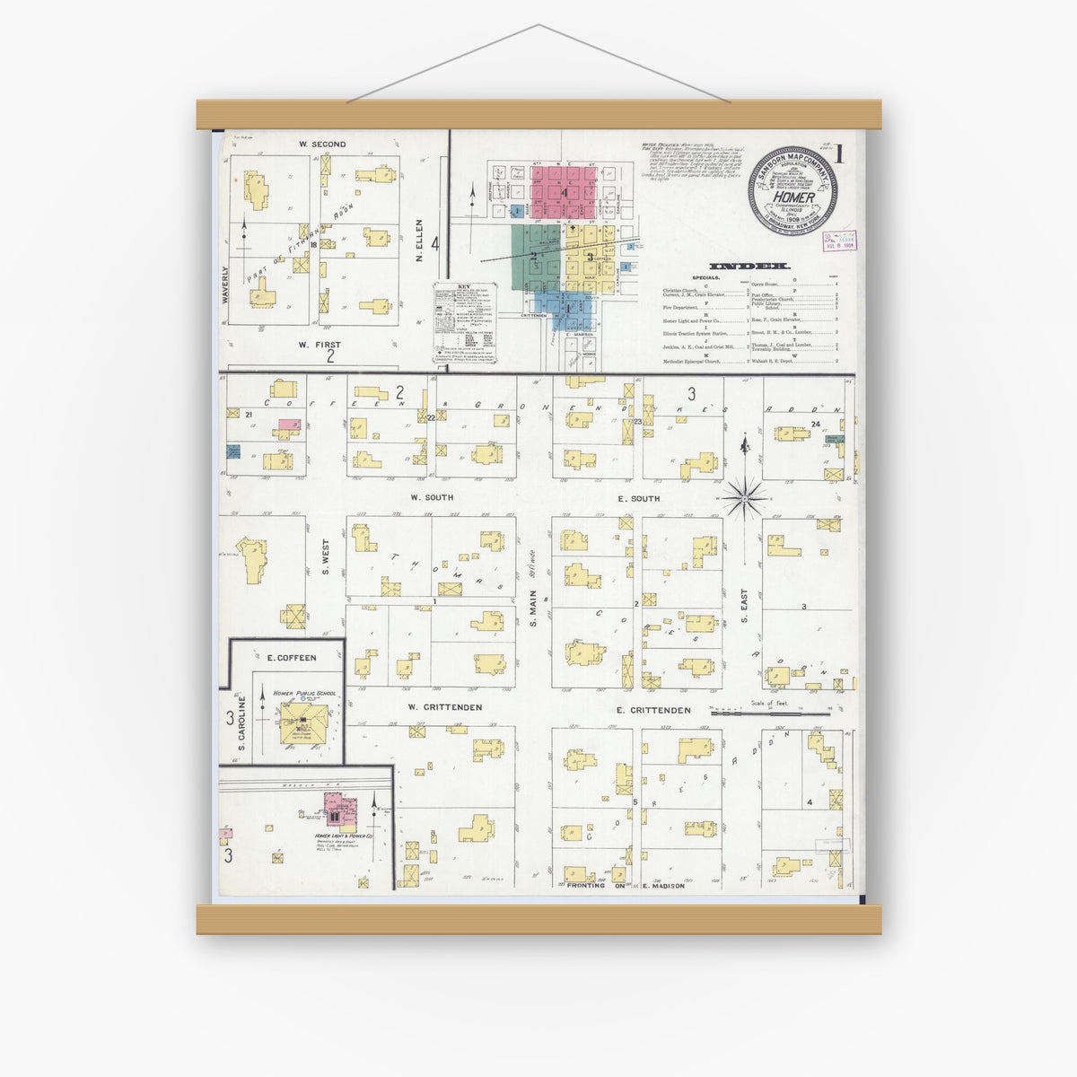 Old map wall art mockup — magnetic wood frame on white wall — Sanborn Fire Insurance Map from Homer, Champaign County, Illinois (1909), Sheet #0001