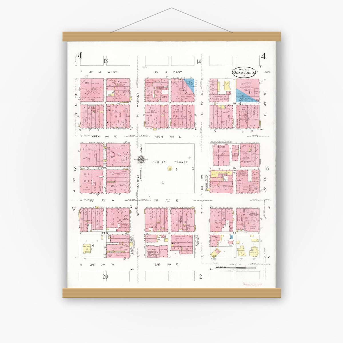 Old map wall art mockup — magnetic wood frame on white wall — Sanborn Fire Insurance Map from Oskaloosa, Mahaska County, Iowa (1927), Sheet #0004