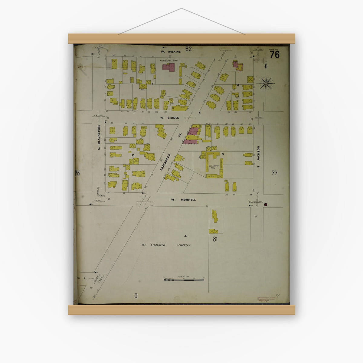 Old map wall art mockup — magnetic wood frame on white wall — Sanborn Fire Insurance Map from Jackson, Jackson County, Michigan (1907), Sheet #0076