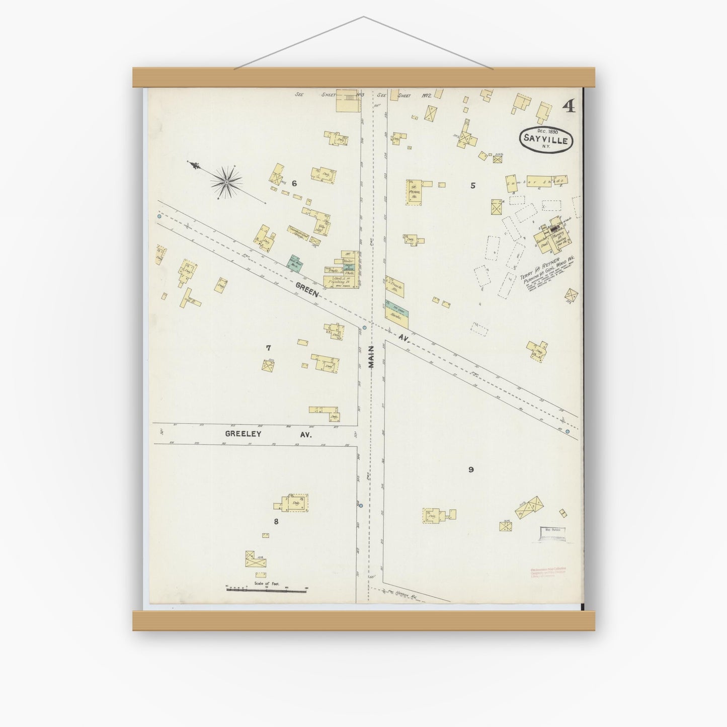 Old map wall art mockup — magnetic wood frame on white wall — Sanborn Fire Insurance Map from Sayville, Suffolk County, New York (1890), Sheet #0004