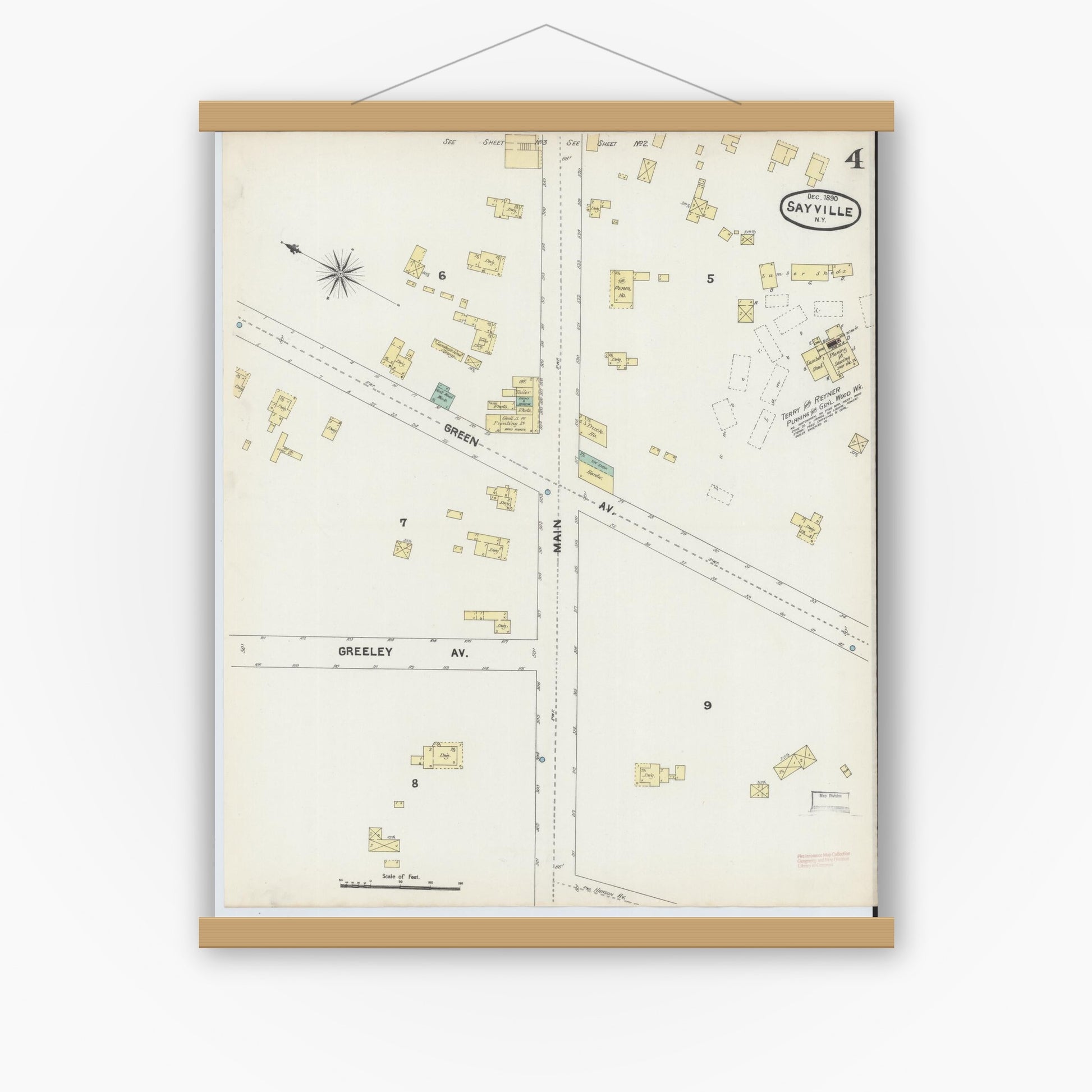 Old map wall art mockup — magnetic wood frame on white wall — Sanborn Fire Insurance Map from Sayville, Suffolk County, New York (1890), Sheet #0004