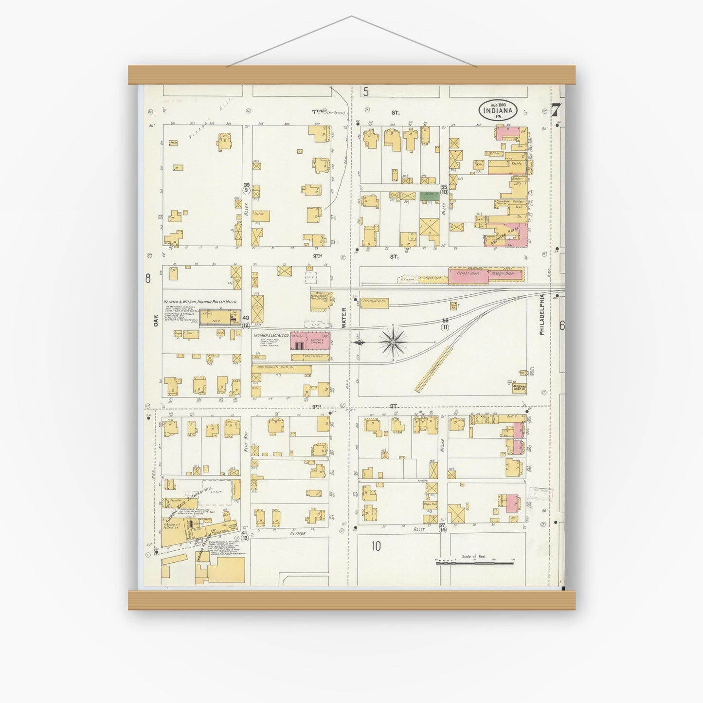 Old map wall art mockup — magnetic wood frame on white wall — Sanborn Fire Insurance Map from Indiana, Indiana County, Pennsylvania (1903), Sheet #0007