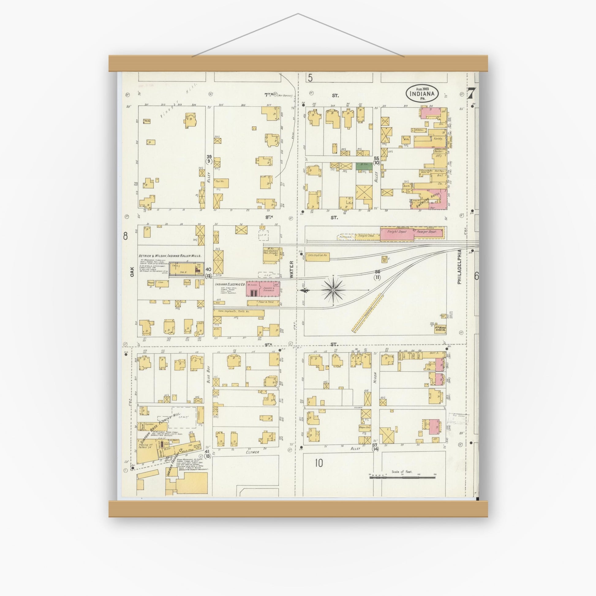 Old map wall art mockup — magnetic wood frame on white wall — Sanborn Fire Insurance Map from Indiana, Indiana County, Pennsylvania (1903), Sheet #0007