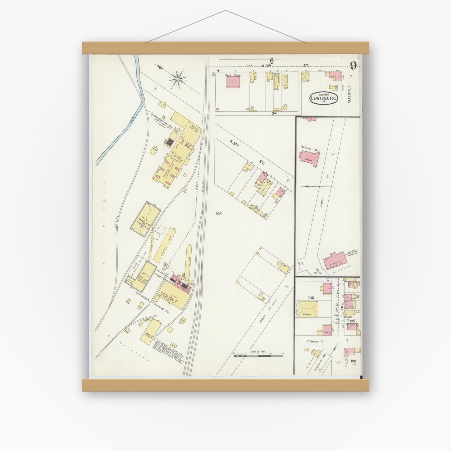 Old map wall art mockup — magnetic wood frame on white wall — Sanborn Fire Insurance Map from Lewisburg, Union County, Pennsylvania (1896), Sheet #0009
