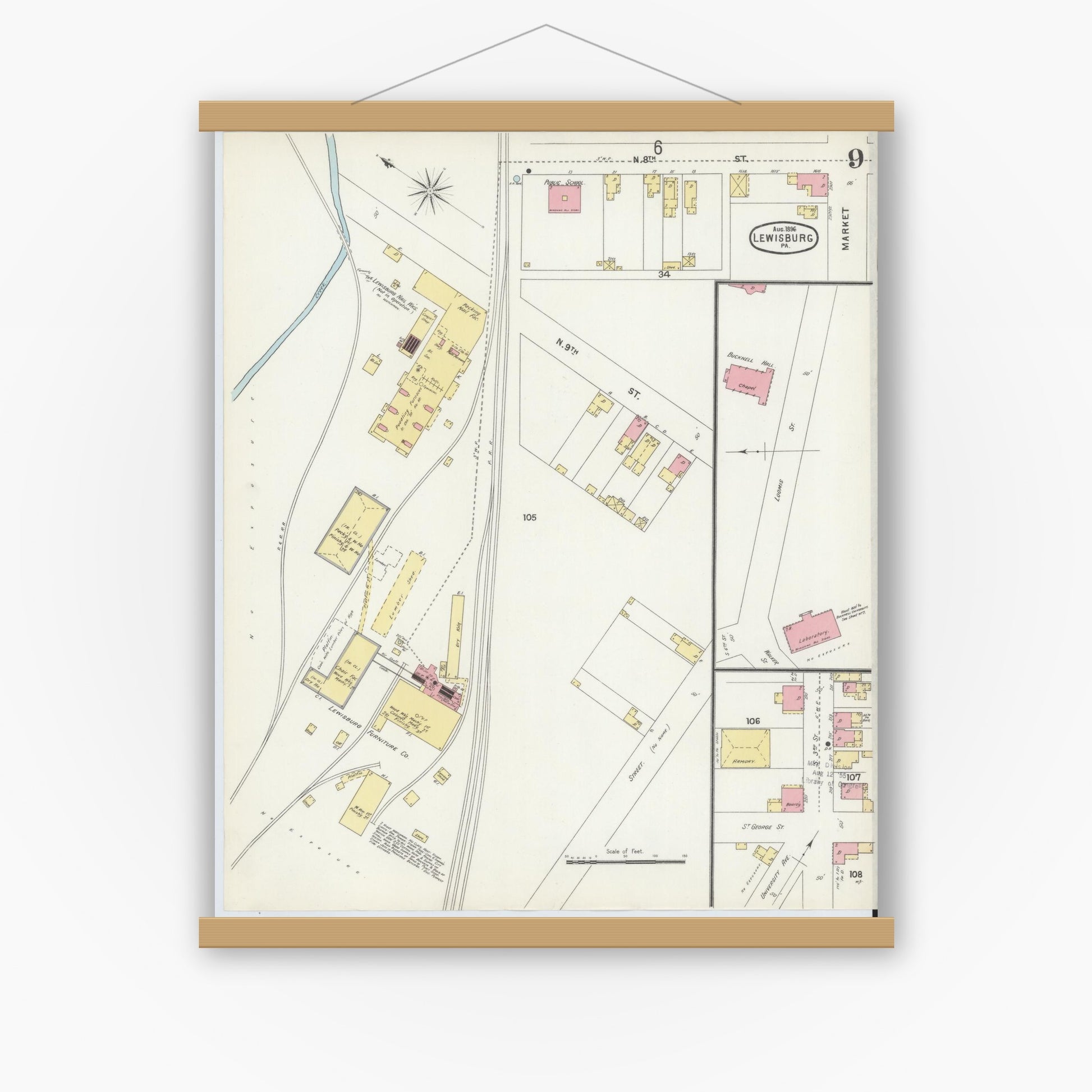 Old map wall art mockup — magnetic wood frame on white wall — Sanborn Fire Insurance Map from Lewisburg, Union County, Pennsylvania (1896), Sheet #0009