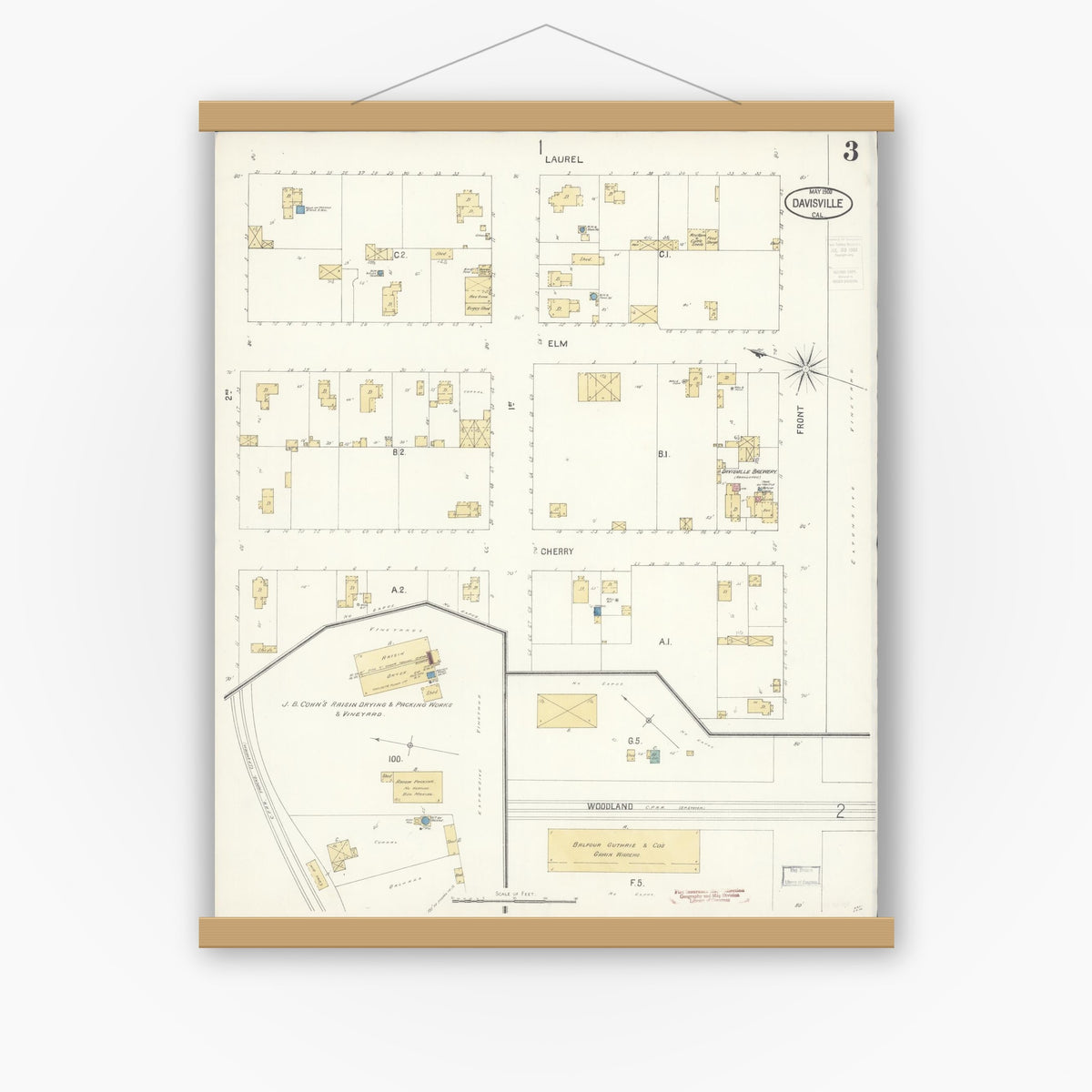 Old map wall art mockup — magnetic wood frame on white wall — Sanborn Fire Insurance Map from Davis, Yolo County, California (1900), Sheet #0003