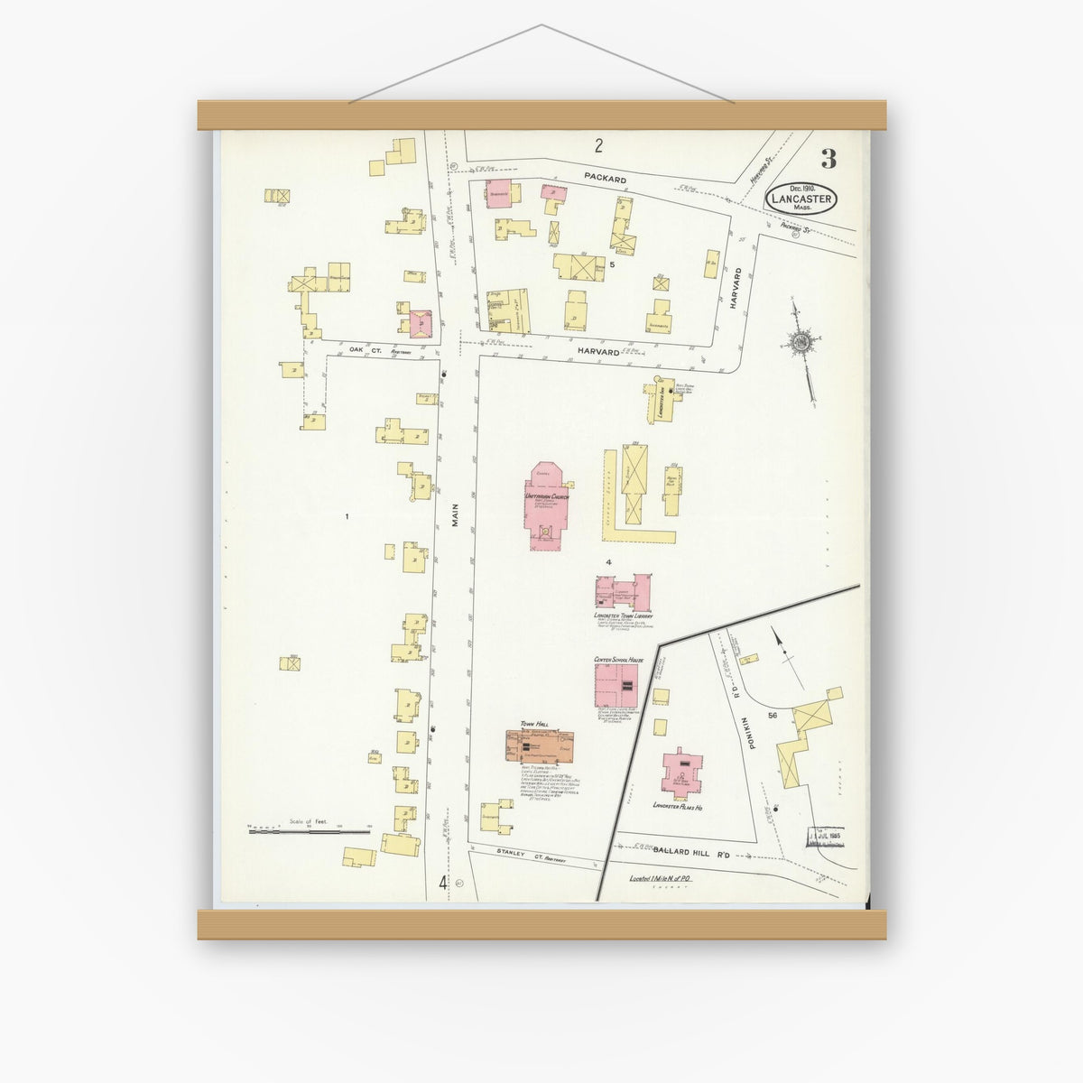 Old map wall art mockup — magnetic wood frame on white wall — Sanborn Fire Insurance Map from Lancaster, Worcester County, Massachusetts (1910), Sheet #0003