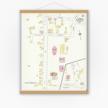 Old map wall art mockup — magnetic wood frame on white wall — Sanborn Fire Insurance Map from Lancaster, Worcester County, Massachusetts (1910), Sheet #0003