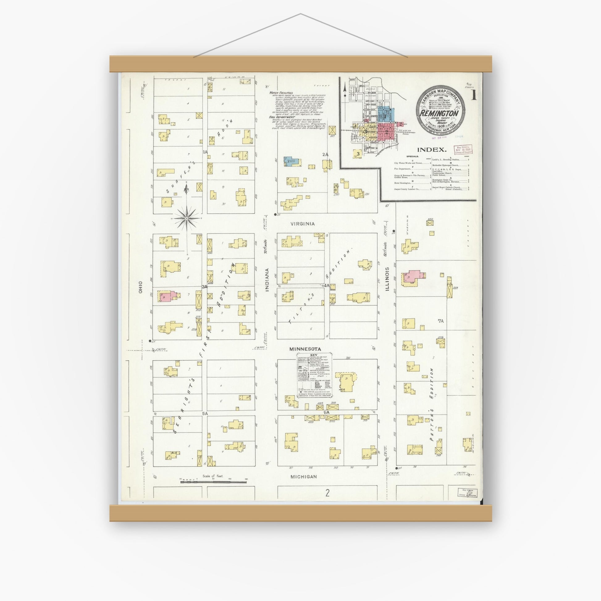 Old map wall art mockup — magnetic wood frame on white wall — Sanborn Fire Insurance Map from Remington, Jasper County, Indiana (1909) - Complete Map Set