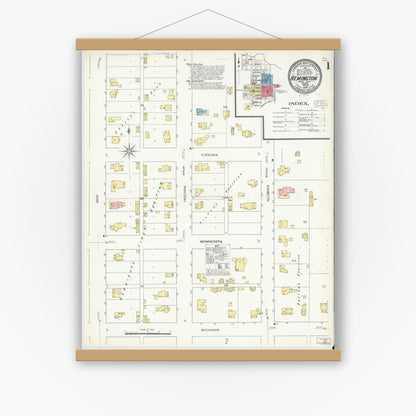 Old map wall art mockup — magnetic wood frame on white wall — Sanborn Fire Insurance Map from Remington, Jasper County, Indiana (1909) - Complete Map Set