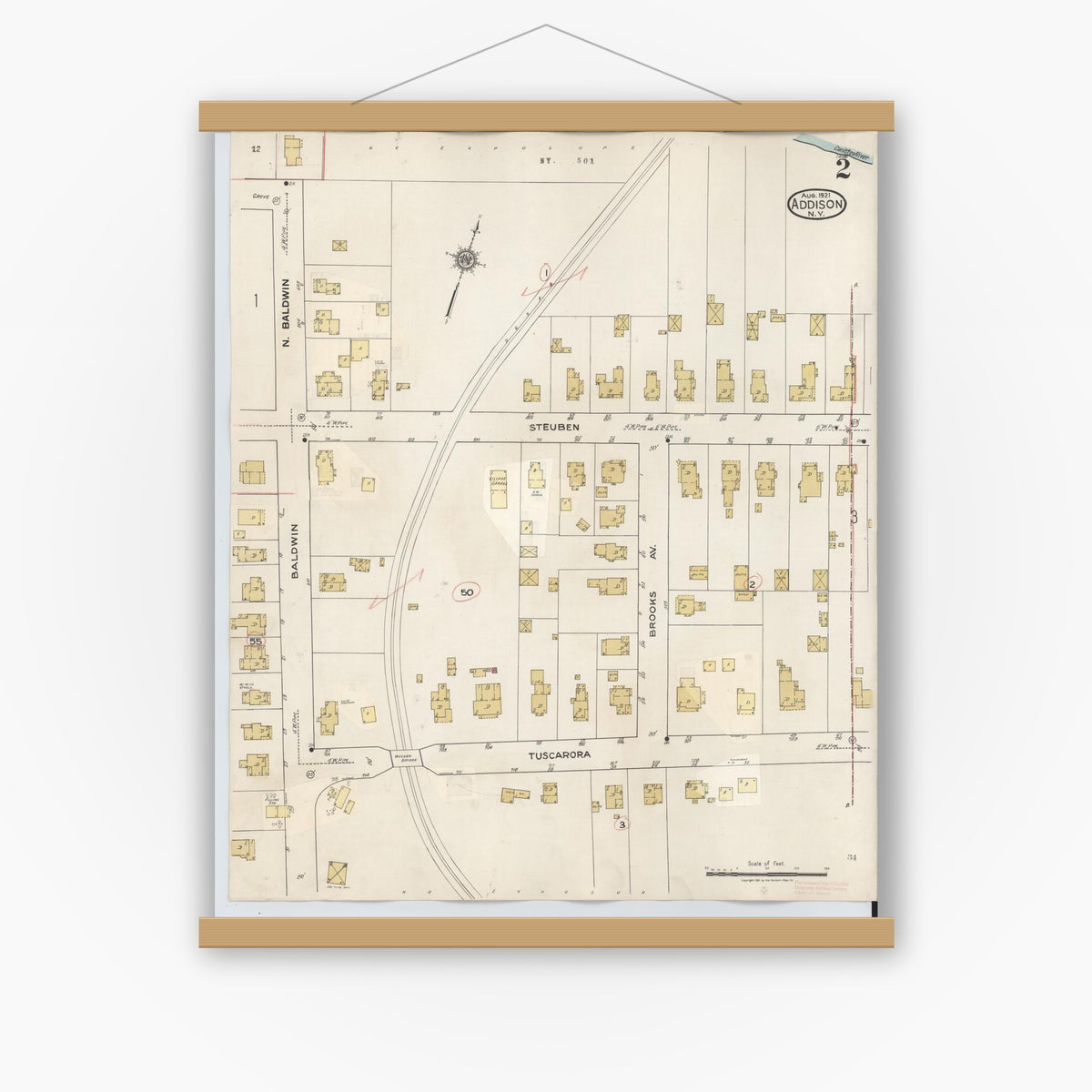 Old map wall art mockup — magnetic wood frame on white wall — Sanborn Fire Insurance Map from Addison, Steuben County, New York (1945), Sheet #0002