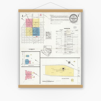 Old map wall art mockup — magnetic wood frame on white wall — Sanborn Fire Insurance Map from Timpson, Shelby County, Texas (1927), Sheet #0001