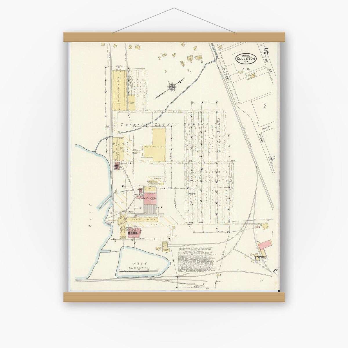 Old map wall art mockup — magnetic wood frame on white wall — Sanborn Fire Insurance Map from Groveton, Trinity County, Texas (1912), Sheet #0005