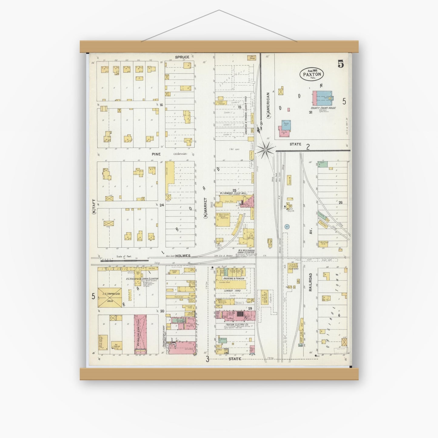 Old map wall art mockup — magnetic wood frame on white wall — Sanborn Fire Insurance Map from Paxton, Ford County, Illinois (1902), Sheet #0005