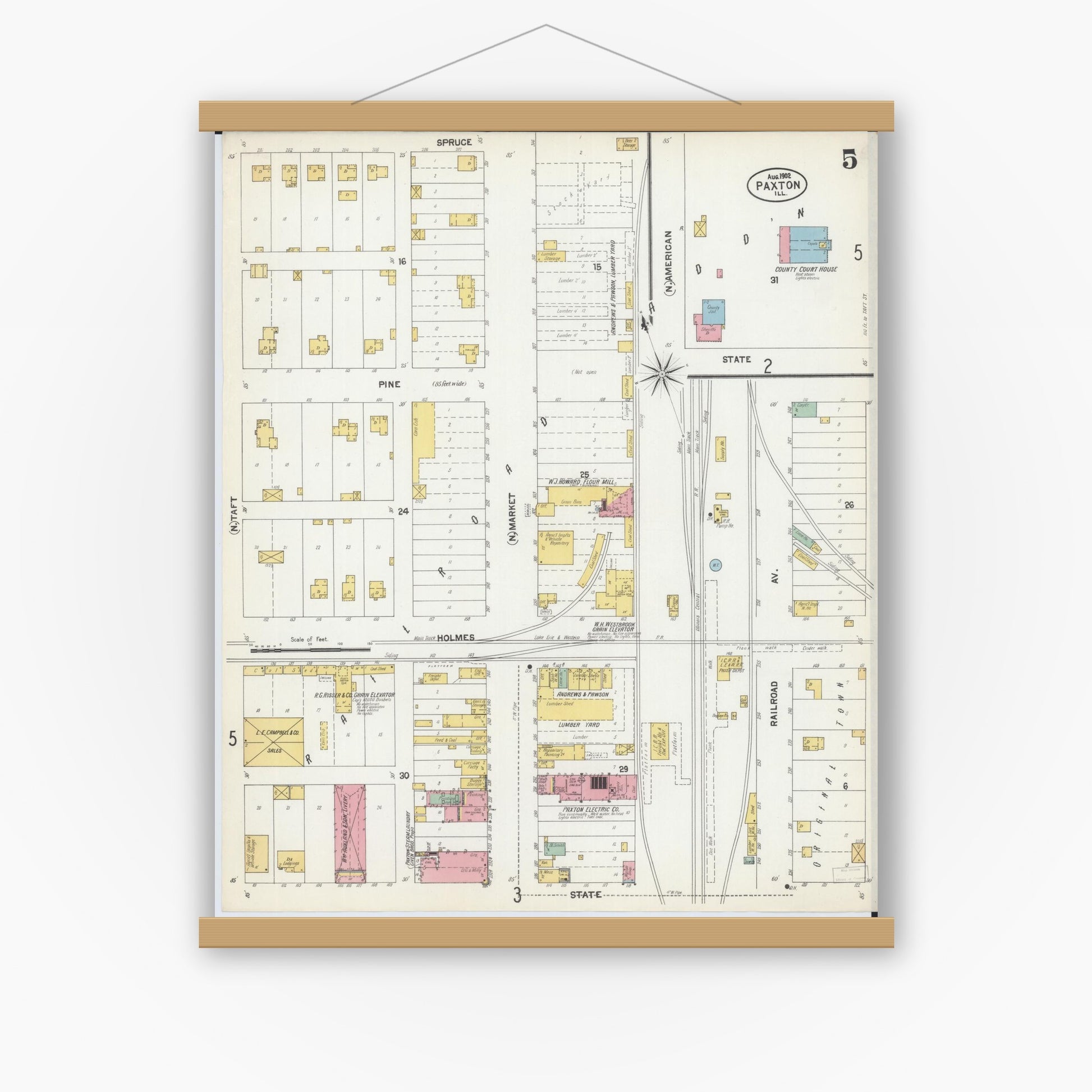 Old map wall art mockup — magnetic wood frame on white wall — Sanborn Fire Insurance Map from Paxton, Ford County, Illinois (1902), Sheet #0005