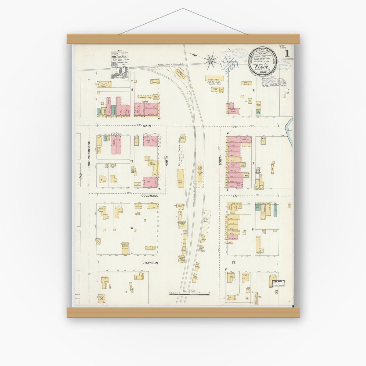 Old map wall art mockup — magnetic wood frame on white wall — Sanborn Fire Insurance Map from Elgin, Bastrop County, Texas (1898), Sheet #0001