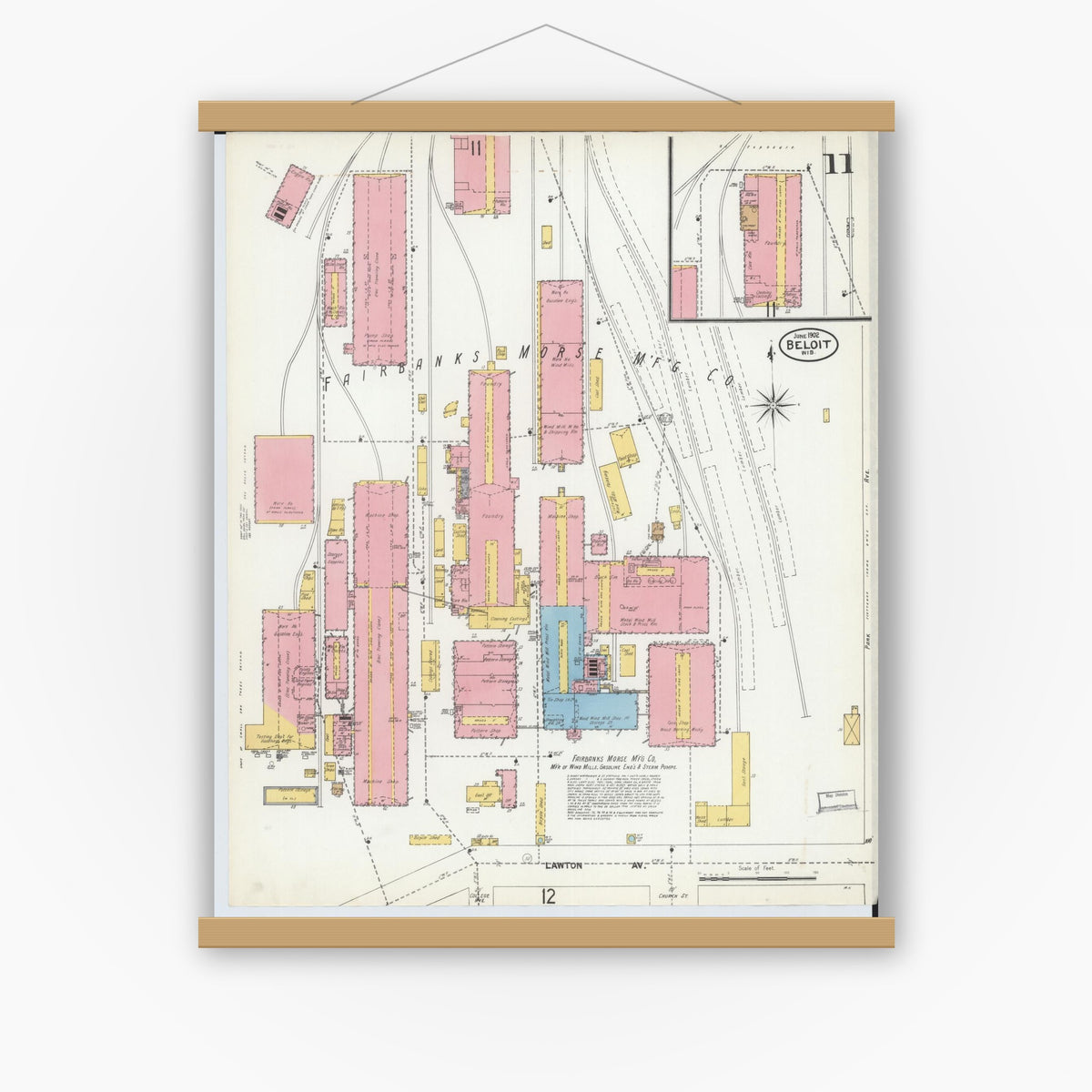 Old map wall art mockup — magnetic wood frame on white wall — Sanborn Fire Insurance Map from Beloit, Rock County, Wisconsin (1902), Sheet #0011
