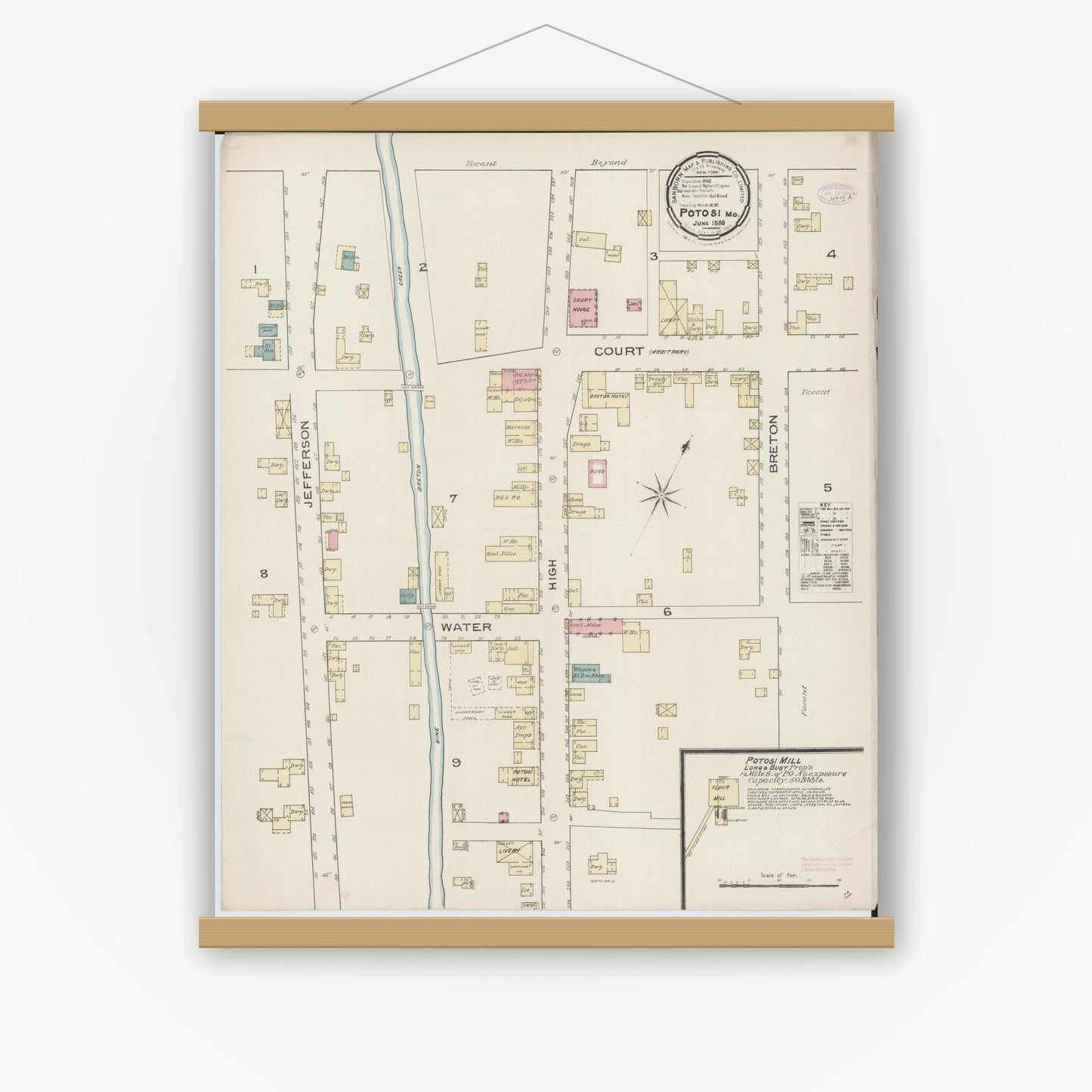 Old map wall art mockup — magnetic wood frame on white wall — Sanborn Fire Insurance Map from Potosi, Washington County, Missouri (1886), Sheet #0001