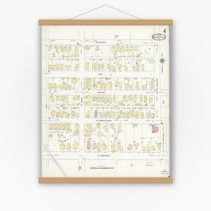 Old map wall art mockup — magnetic wood frame on white wall — Sanborn Fire Insurance Map from Shelbyville, Shelby County, Indiana (1910), Sheet #0004