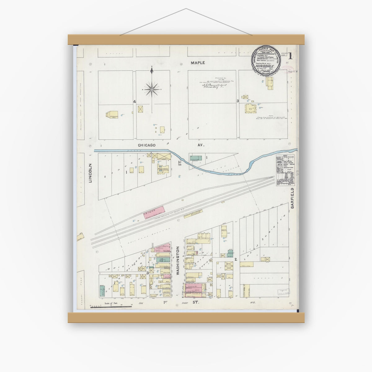 Old map wall art mockup — magnetic wood frame on white wall — Sanborn Fire Insurance Map from Hinsdale, Du Page And Cook Counties, Illinois (1891) - Complete Map Set