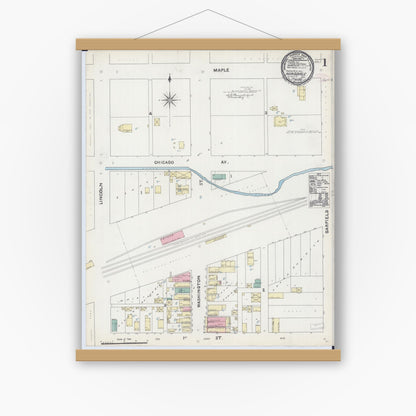 Old map wall art mockup — magnetic wood frame on white wall — Sanborn Fire Insurance Map from Hinsdale, Du Page And Cook Counties, Illinois (1891) - Complete Map Set