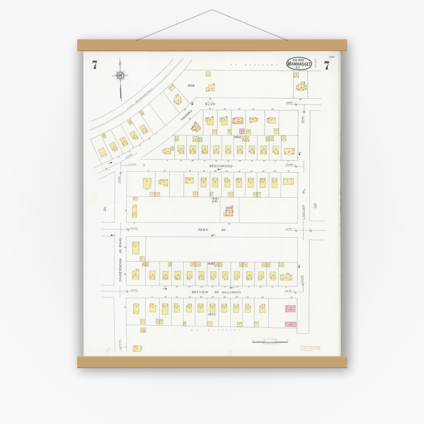 Old map wall art mockup — magnetic wood frame on white wall — Sanborn Fire Insurance Map from Manhasset, Nassau County, New York (1930), Sheet #0007