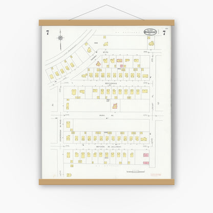 Old map wall art mockup — magnetic wood frame on white wall — Sanborn Fire Insurance Map from Manhasset, Nassau County, New York (1930), Sheet #0007